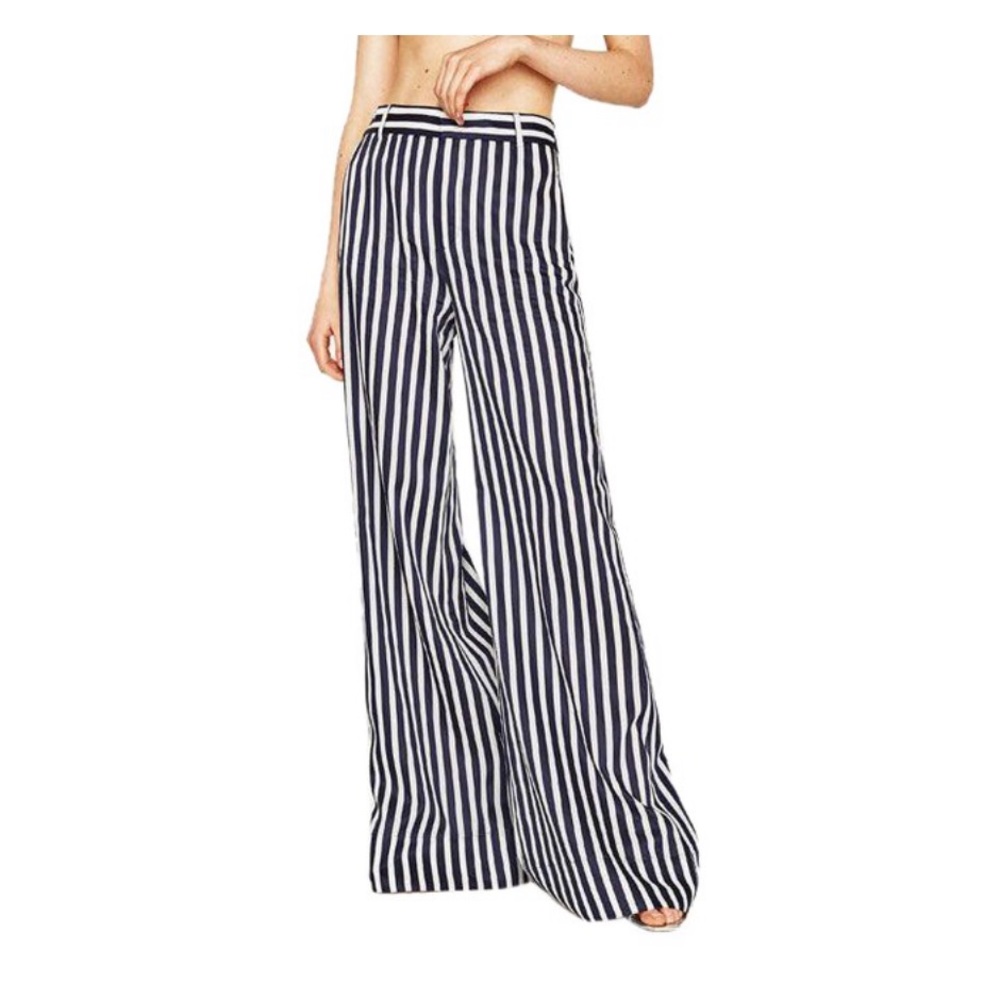 Zara pinstripe blue flare palazzo wide leg trouser pants BNWT L